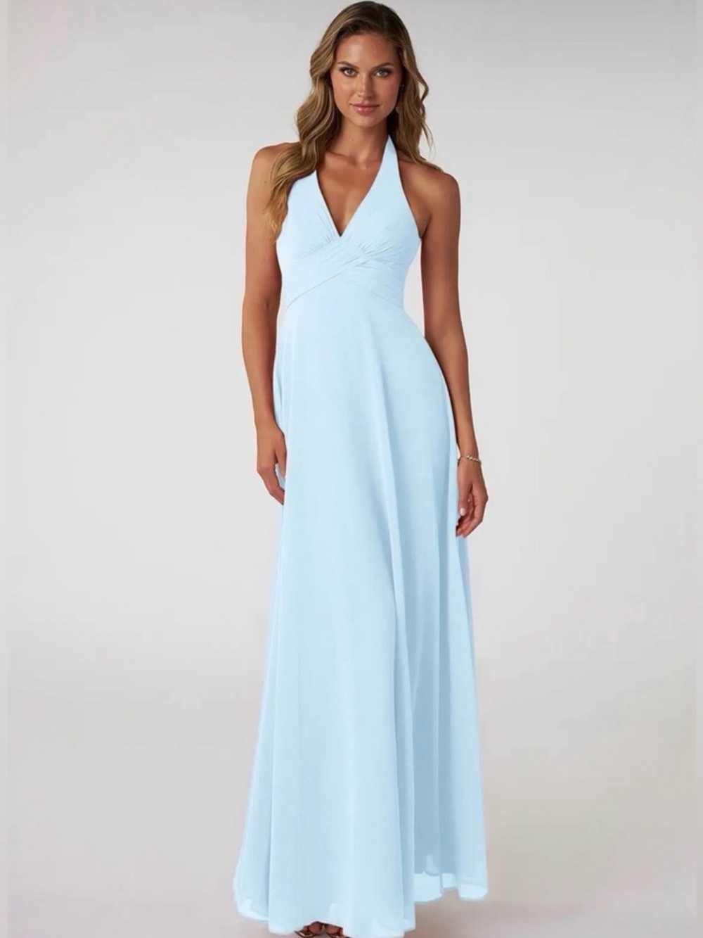 Azazie Tessie Mist Halter Bridesmaid Dress Women’s 8 Wedding Party Formal Bridal